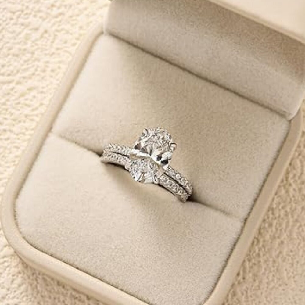 18K White Gold 3.5ct Oval Diamond Ring Set 925 Sterling Silver Wedding Bridal